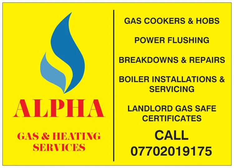 Alpha Gas & Heating Services sign: gas cookers and hobs, power flushing, breakdowns and repairs, boiler installations and servicing, landlord gas safe certificates